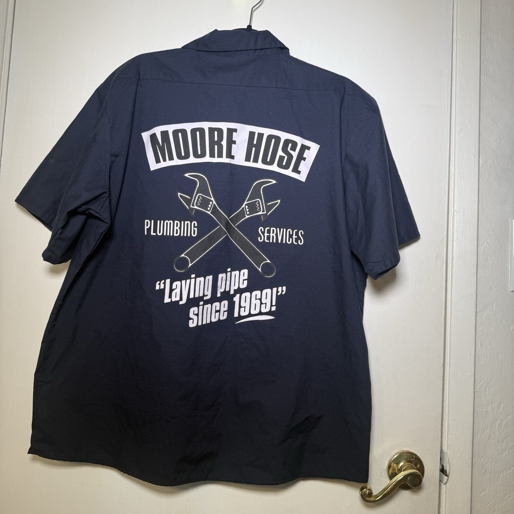 Moore Horse Plumbing Blue Mens XL Laying Pipe 1969 Funny Mechanic Work Shirt